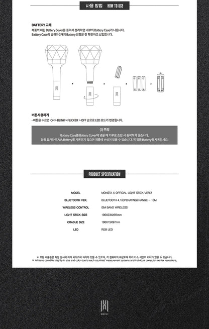 MONSTA X Official Light Stick Ver.2 battery guide and specifications